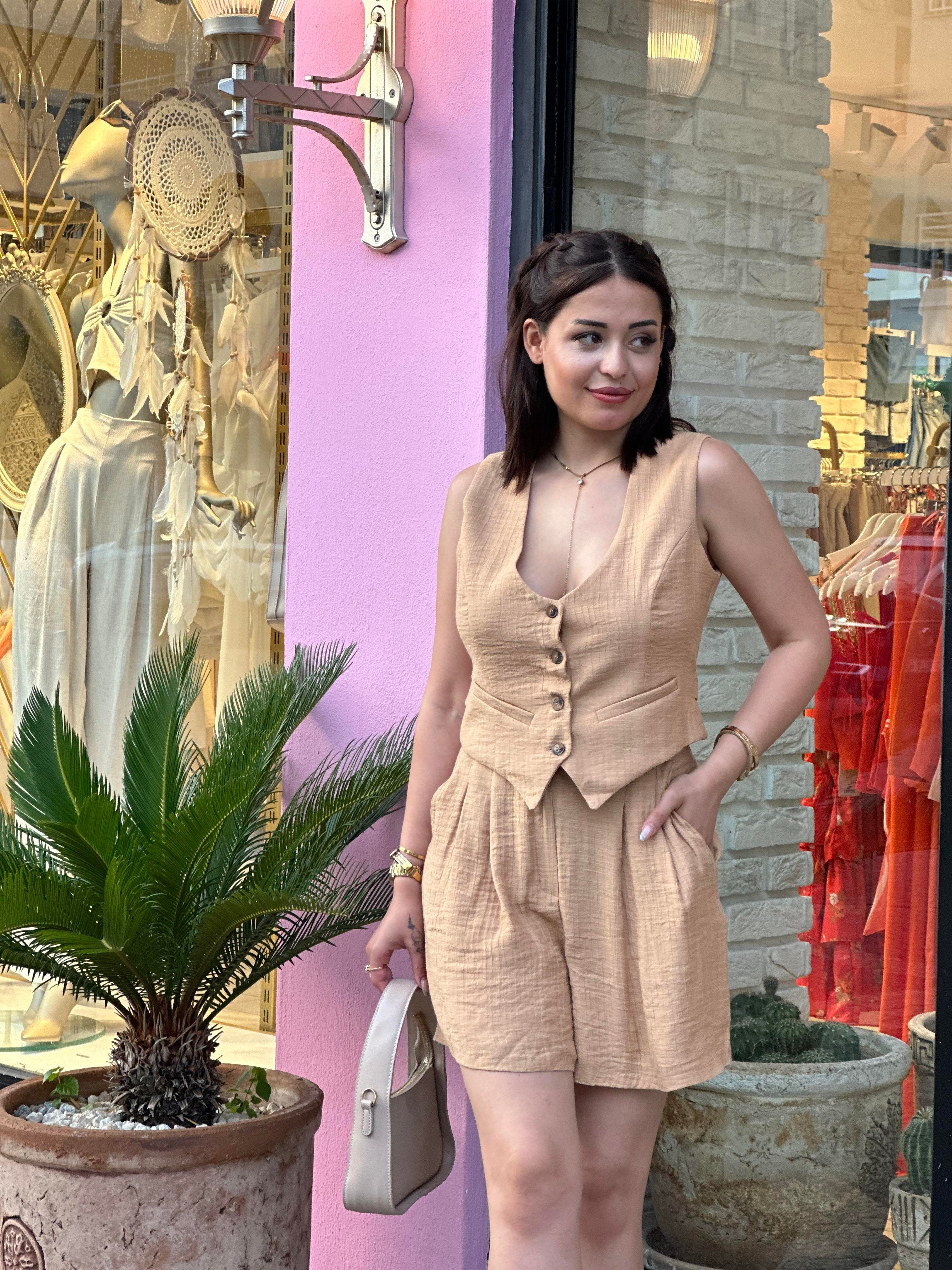 Yelek Şort Keten Takım Hardal