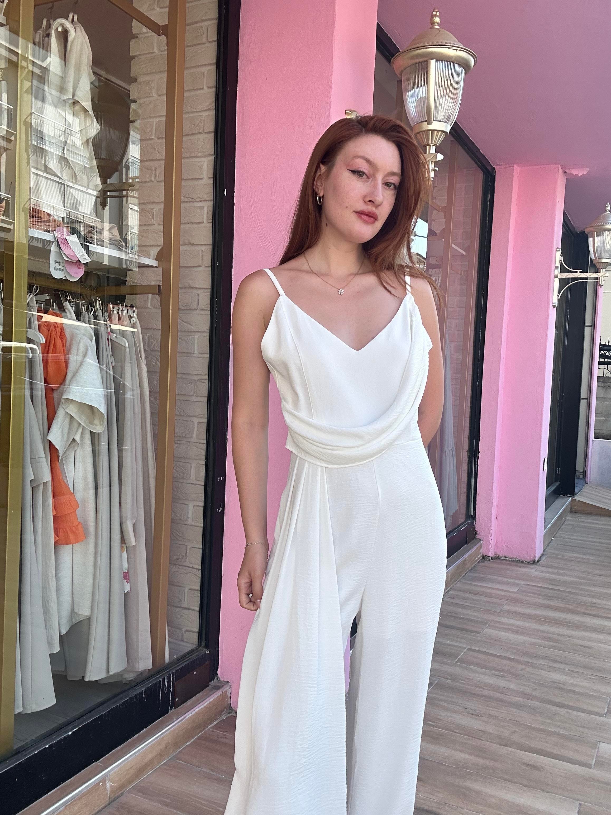 Yırtmaç Detay Astarlı Tulum Beyaz