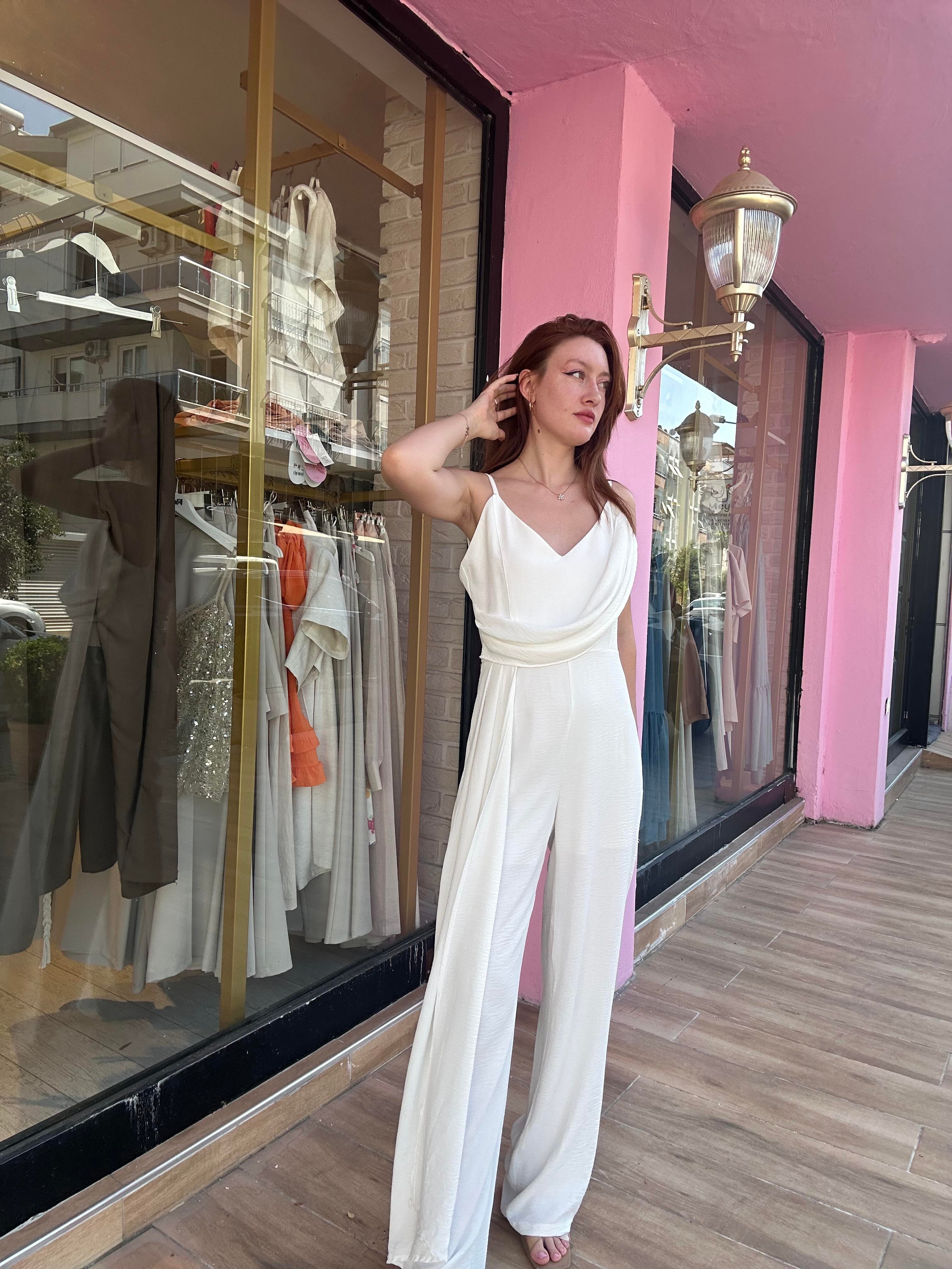 Yırtmaç Detay Astarlı Tulum Beyaz