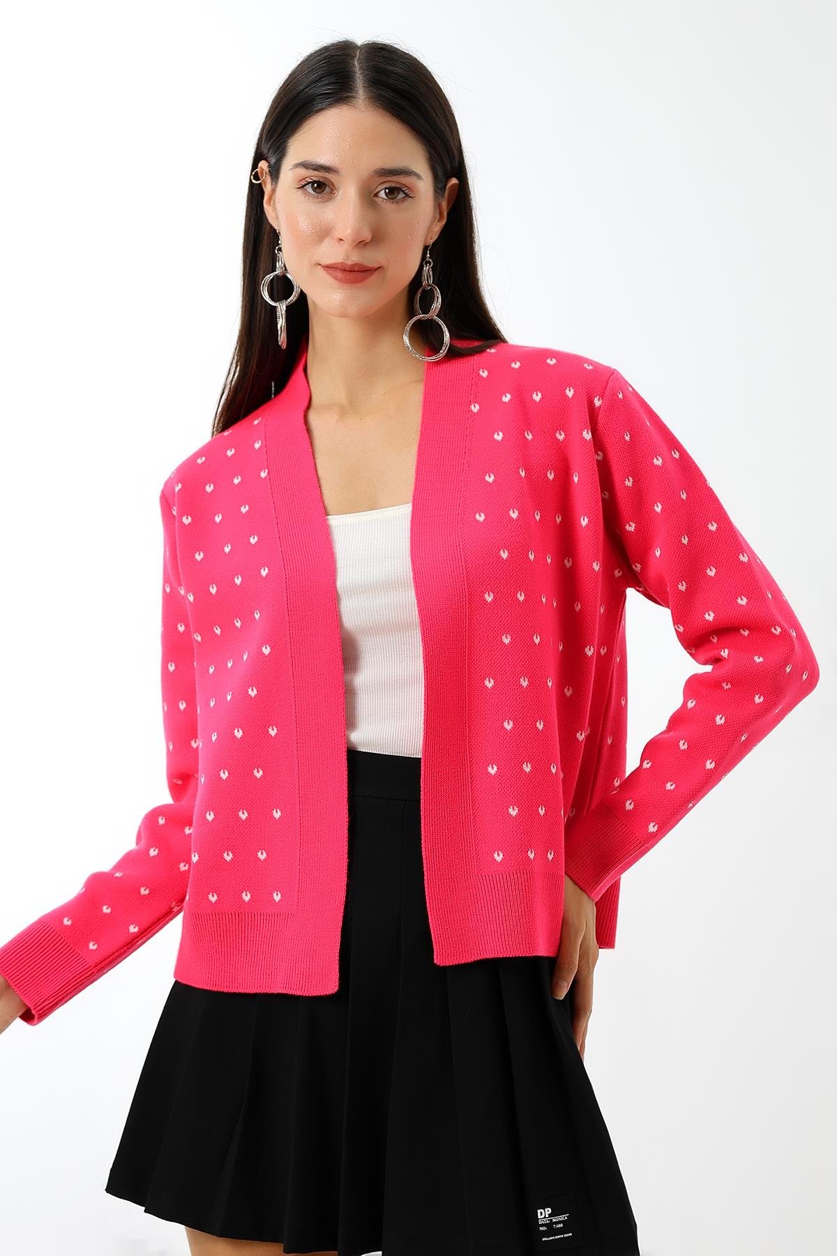 Kalp Desenli Ceket Yaka Triko Hırka Pembe