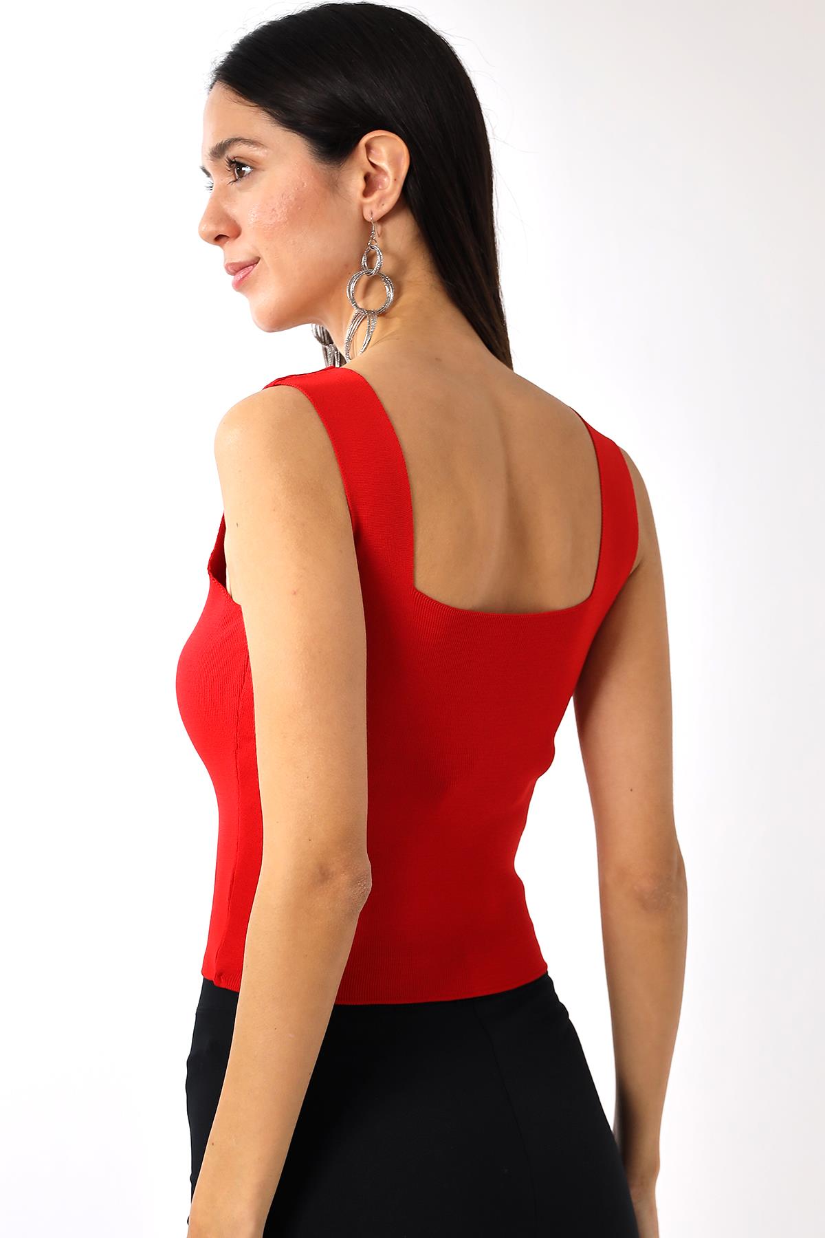 Kırmızı Kare Yaka Triko Crop Bluz