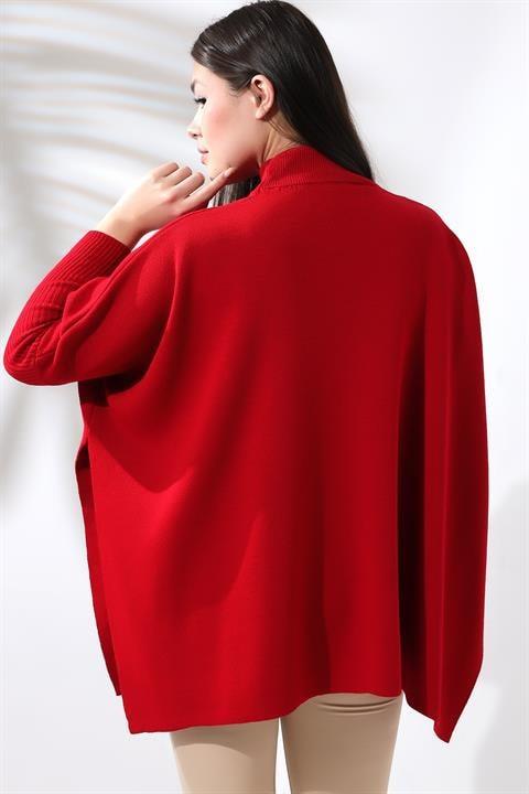 Oversize Yırtmaçlı Triko Panço Kazak Kırmızı