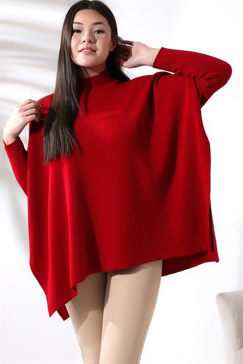Oversize Yırtmaçlı Triko Panço Kazak Kırmızı