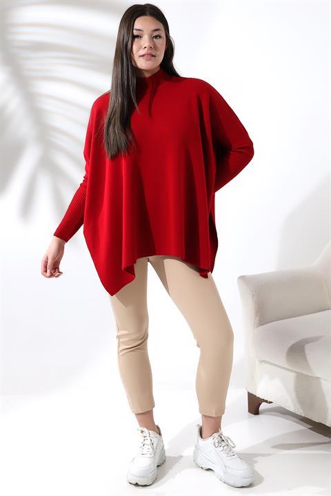 Oversize Yırtmaçlı Triko Panço Kazak Kırmızı