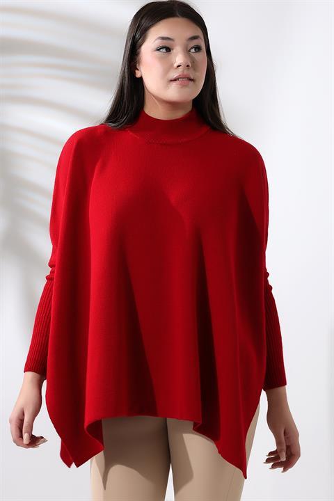 Oversize Yırtmaçlı Triko Panço Kazak Kırmızı