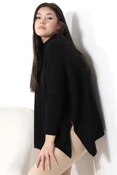 Oversize Yırtmaçlı Triko Panço Kazak Siyah