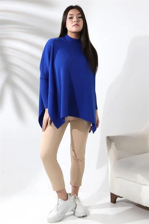 Oversize Yırtmaçlı Triko Panço Kazak Saks Mavi