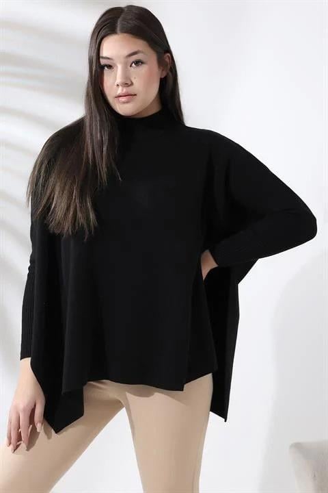 Oversize Yırtmaçlı Triko Panço Kazak Siyah