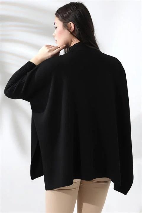Oversize Yırtmaçlı Triko Panço Kazak Siyah