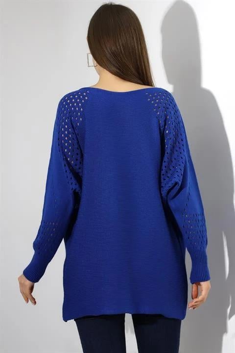 Saks Mavi Oversize Ajurlu Salaş Triko Kazak