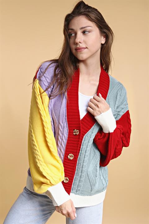 Sarı-Kırmızı Rengarenk Salaş Oversize Triko Hırka