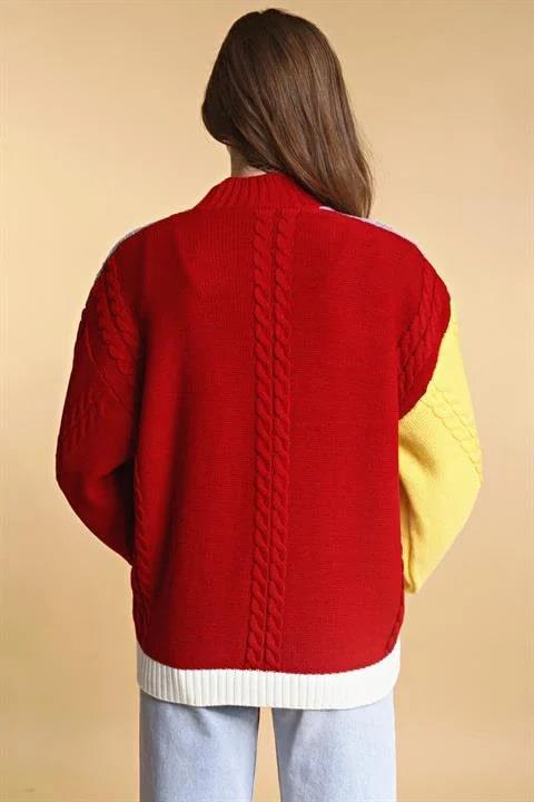 Sarı-Kırmızı Rengarenk Salaş Oversize Triko Hırka