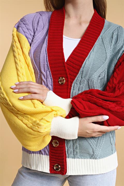 Sarı-Kırmızı Rengarenk Salaş Oversize Triko Hırka