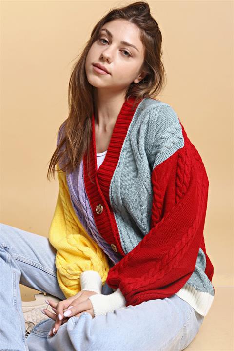 Sarı-Kırmızı Rengarenk Salaş Oversize Triko Hırka