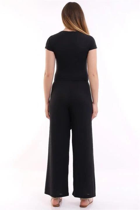 Siyah Crop T-Shirt Bol Paça Pantolon İkili Takım
