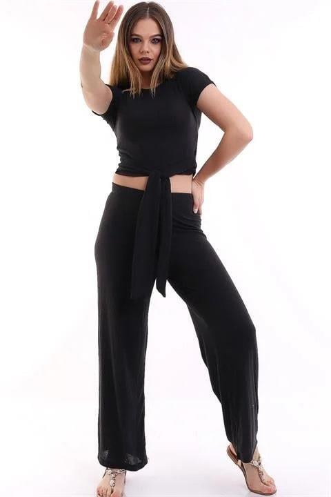 Siyah Crop T-Shirt Bol Paça Pantolon İkili Takım