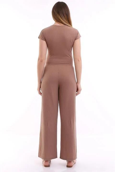 Vizon Crop T-Shirt Bol Paça Pantolon İkili Takım