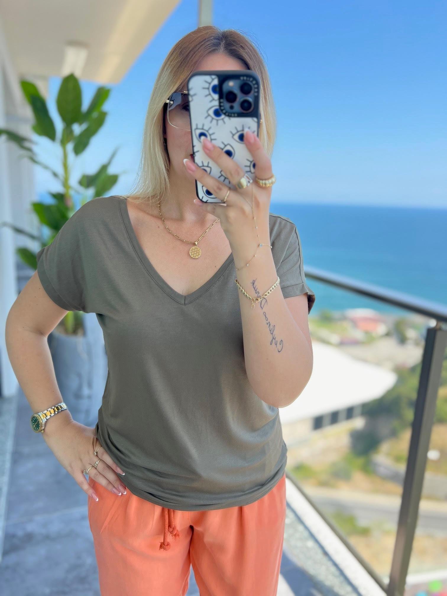002 Ön V Arka V Tshirt HAKİ YEŞİL