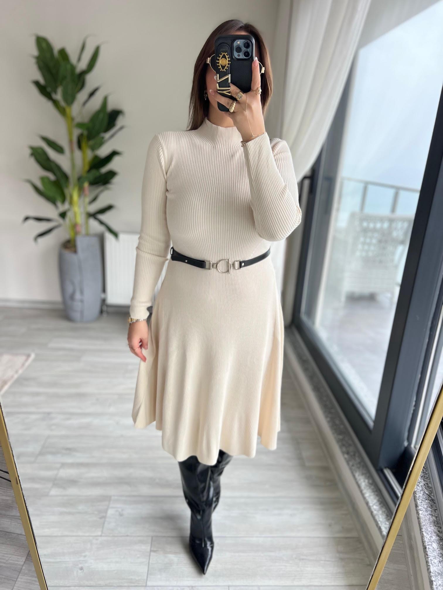 004 Kemerli Elbise EKRU