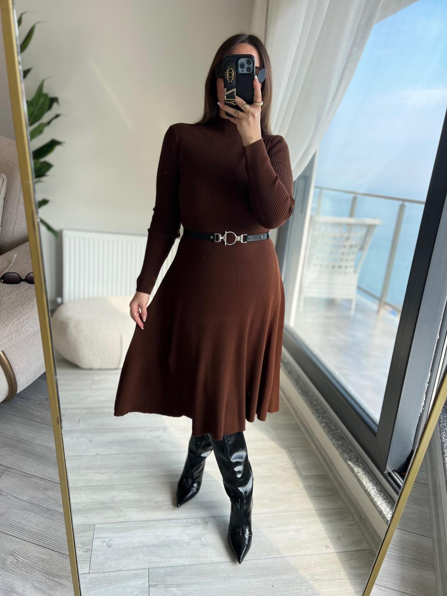 004 Kemerli Elbise KAHVE
