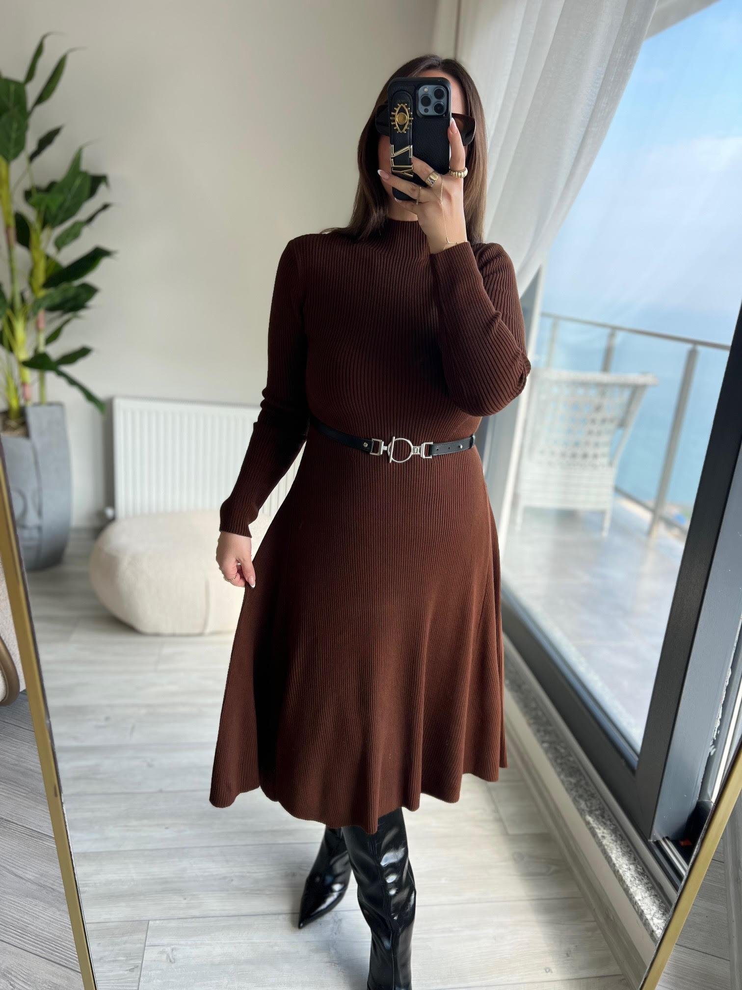004 Kemerli Elbise KAHVE