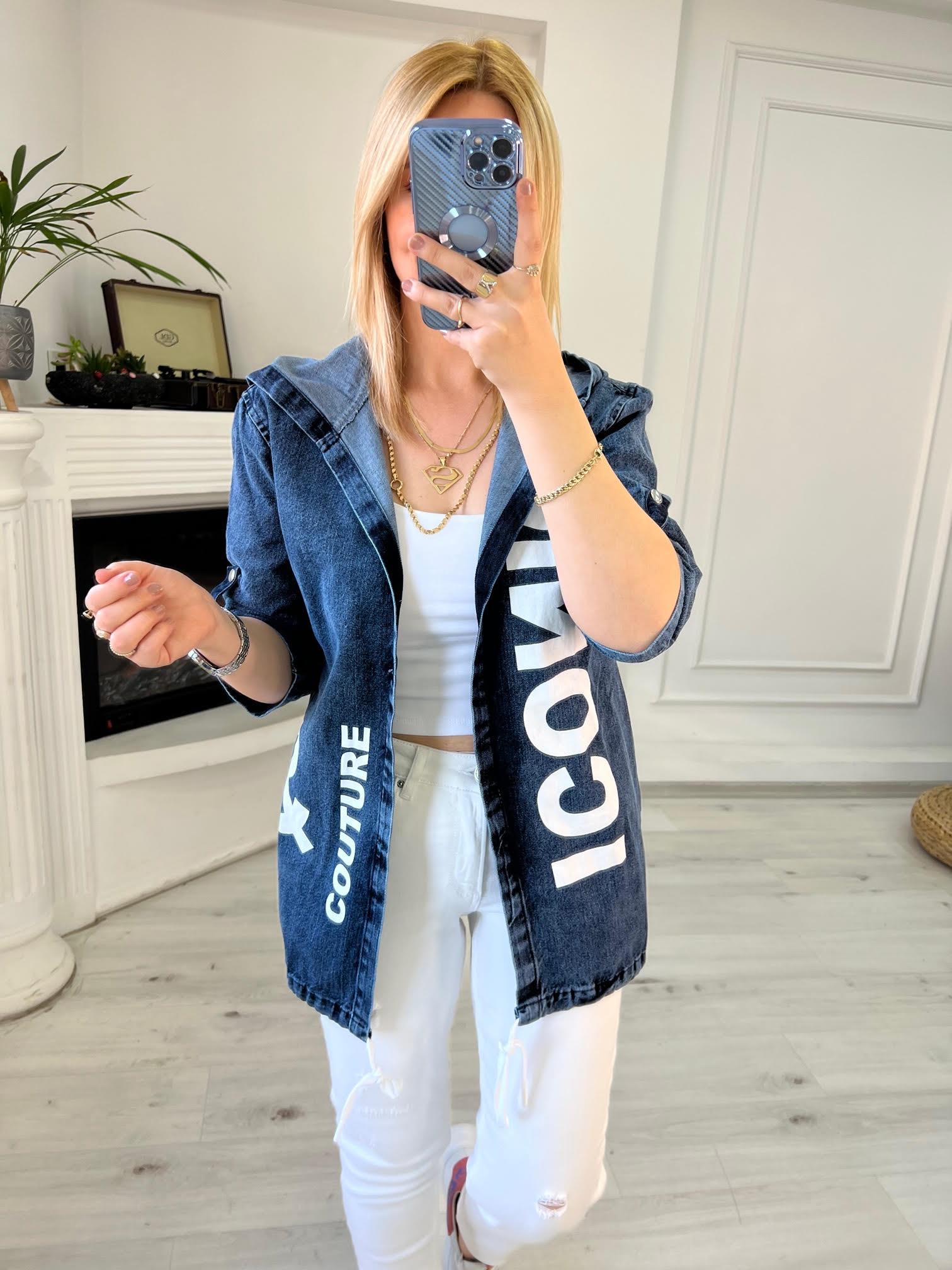 0091 Baskılı Kot Ceket KOYU MAVİ