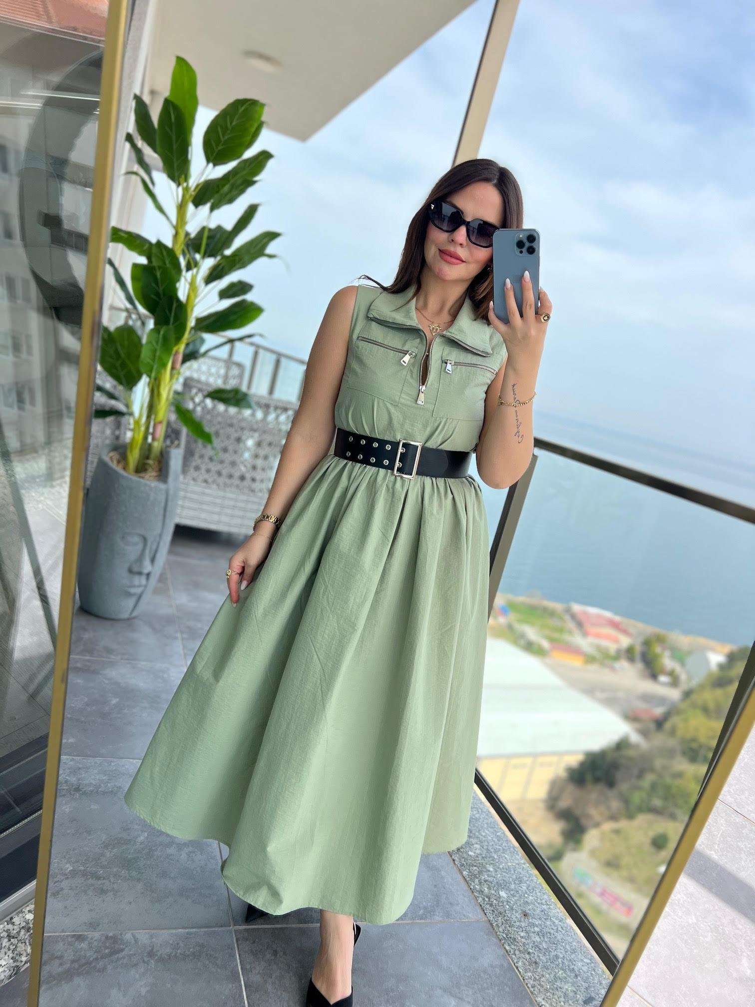 0161 Kemerli Elbise HAKİ YEŞİL