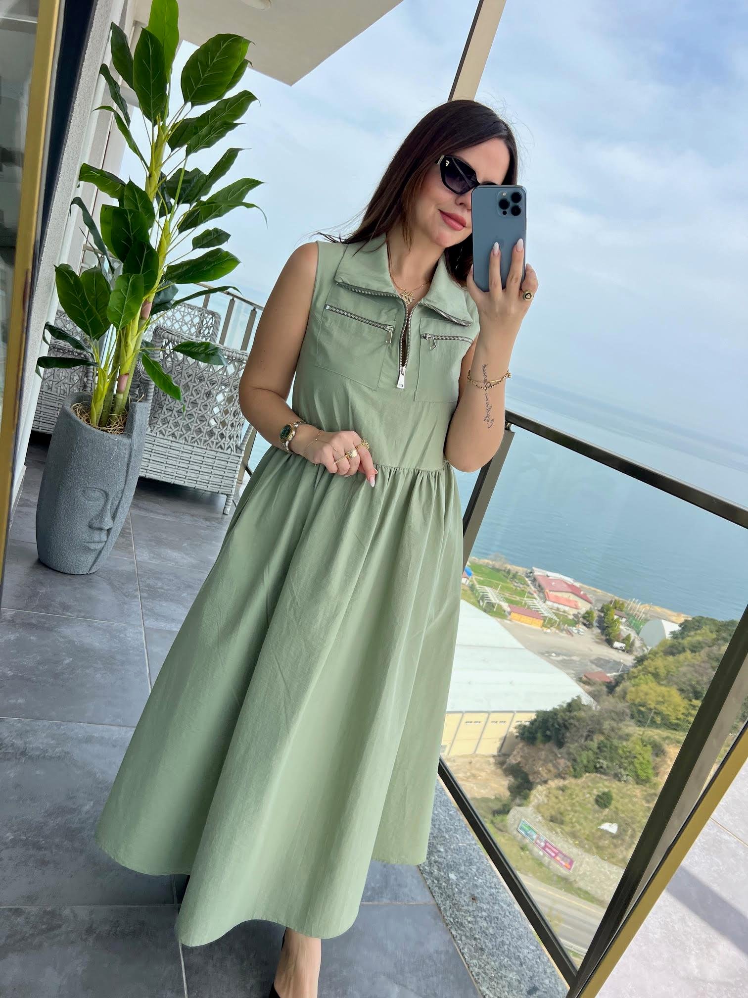 0161 Kemerli Elbise HAKİ YEŞİL