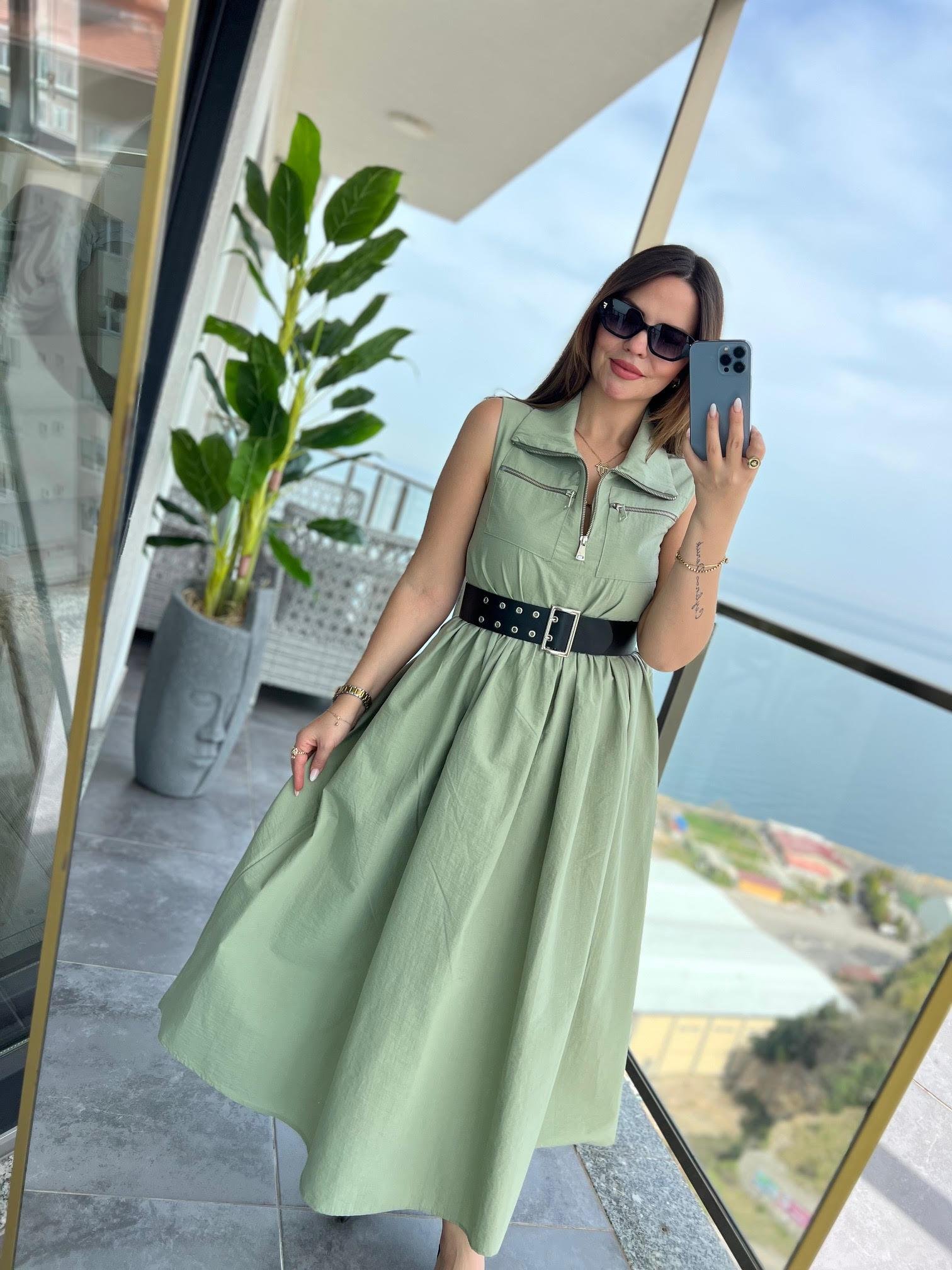 0161 Kemerli Elbise HAKİ YEŞİL