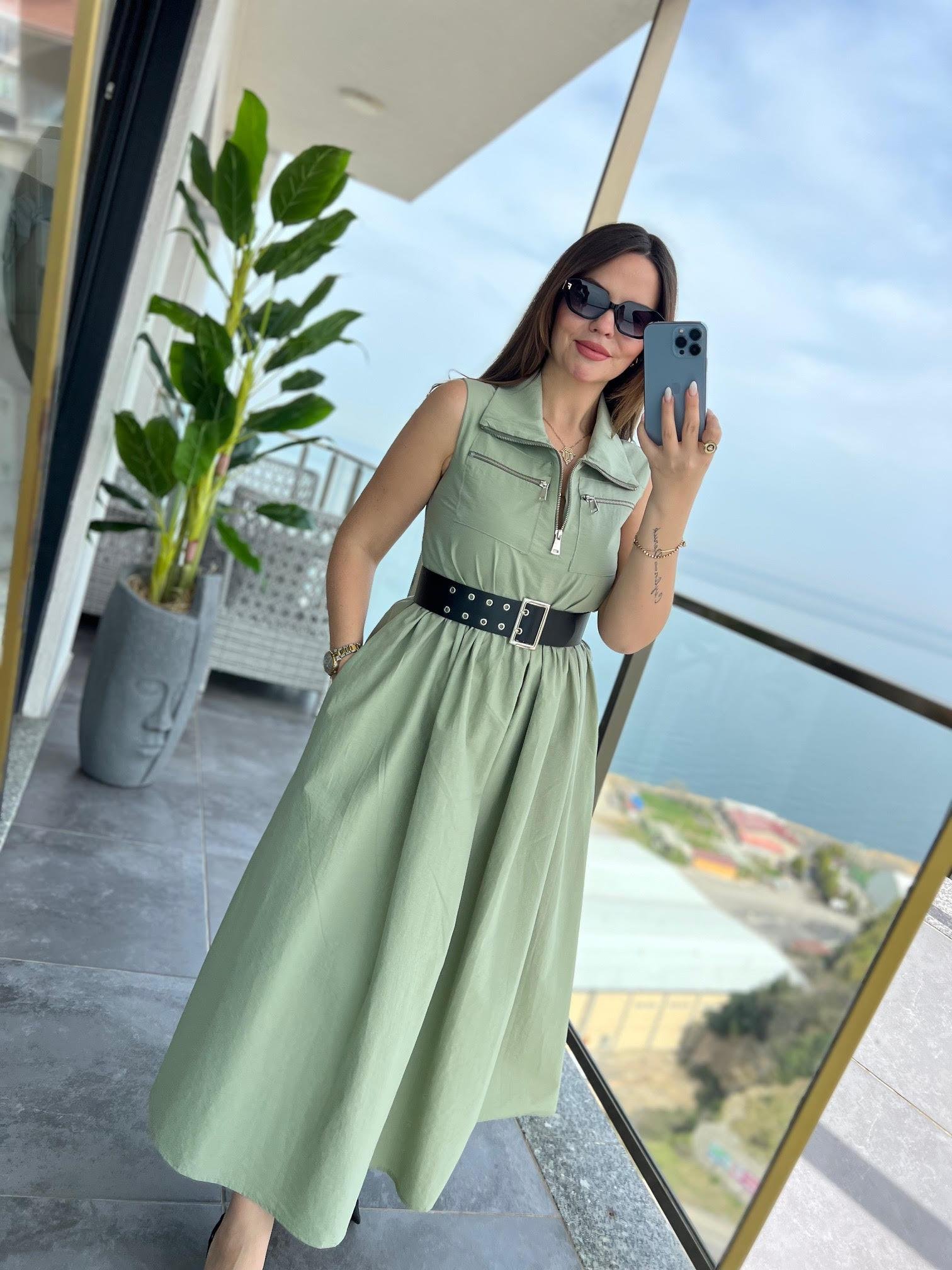 0161 Kemerli Elbise HAKİ YEŞİL