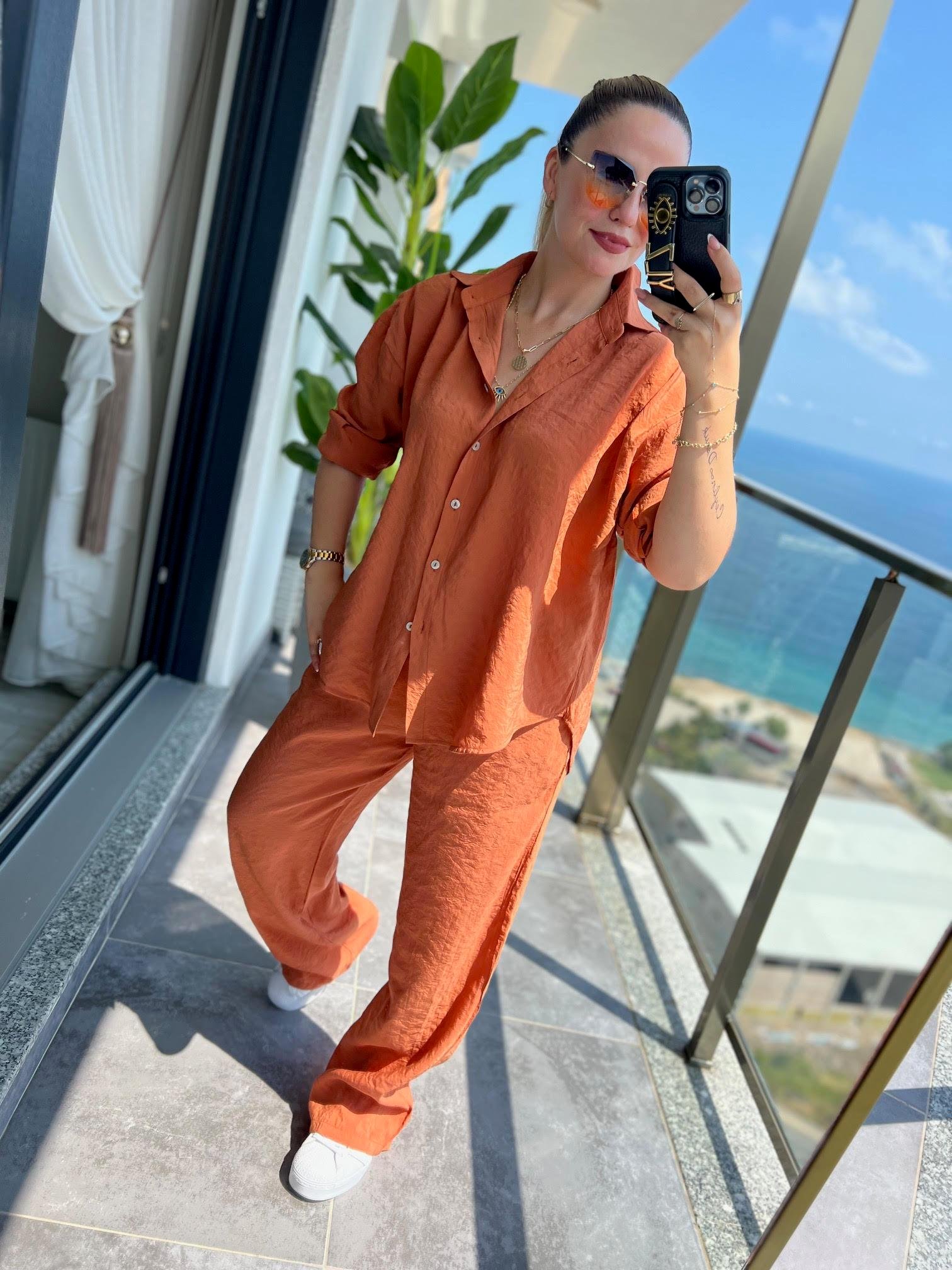 0173 Tencel Gömlek Pantolon Takım KİREMİT