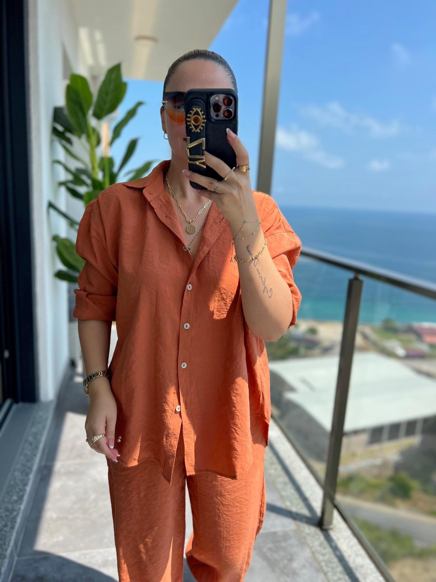 0173 Tencel Gömlek Pantolon Takım KİREMİT