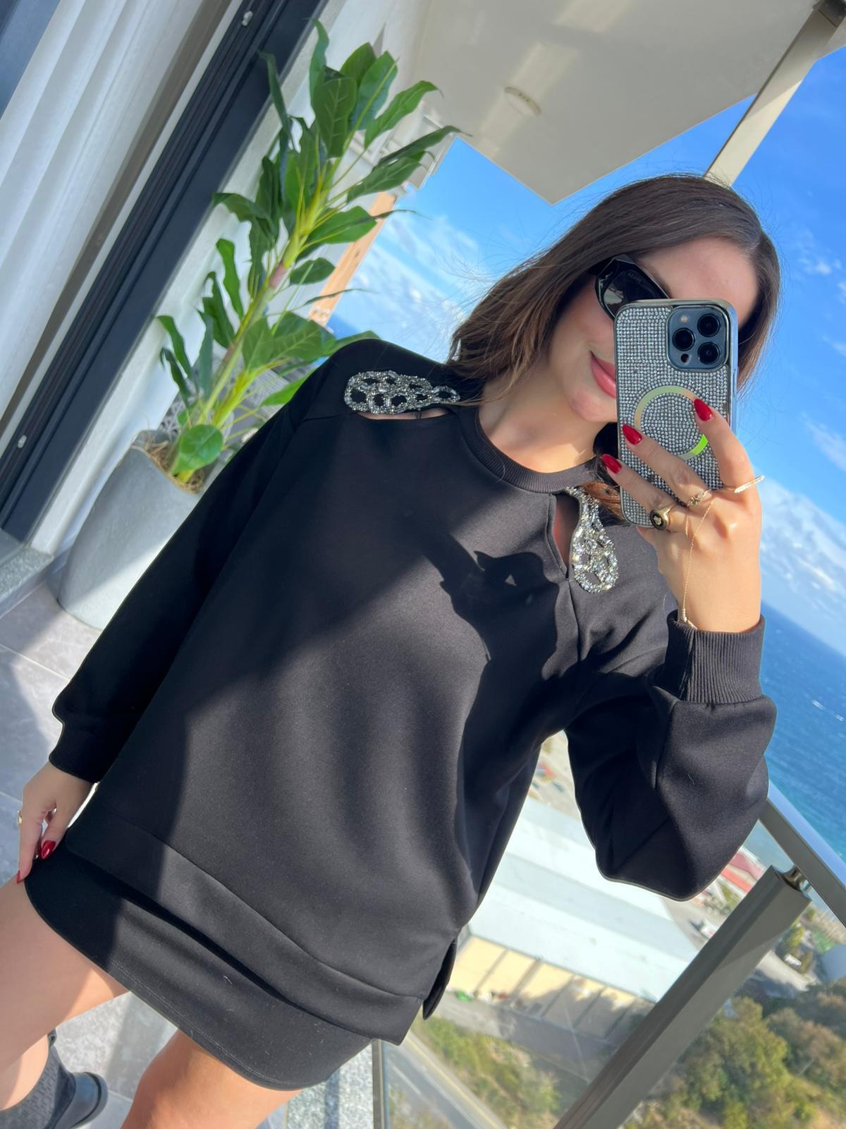 0202 Omuz Detaylı Sweat SİYAH
