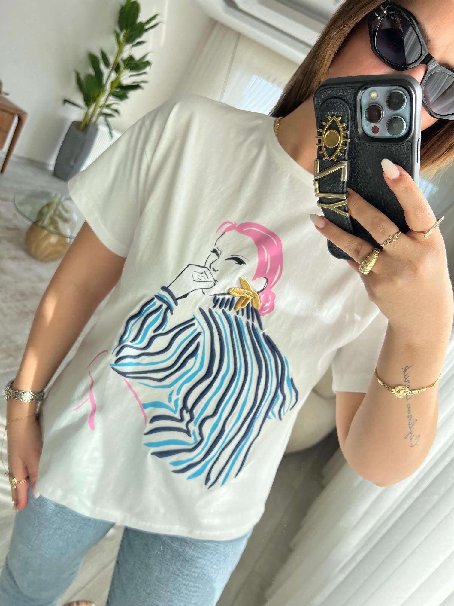 0216 Kız İşlemeli Tshirt EKRU