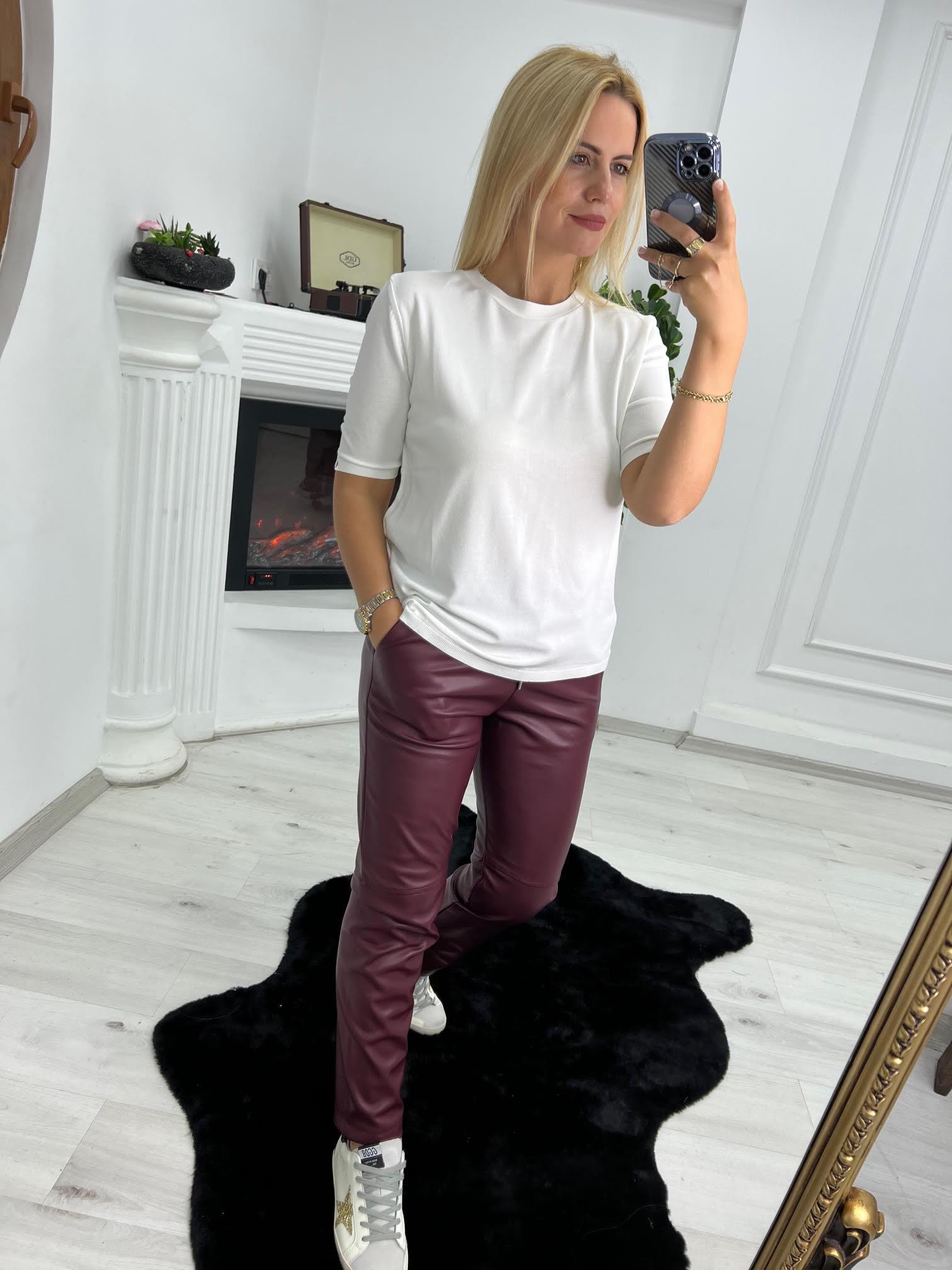 022 Boru Paça İçi Şardonlu Deri Pantolon BORDO