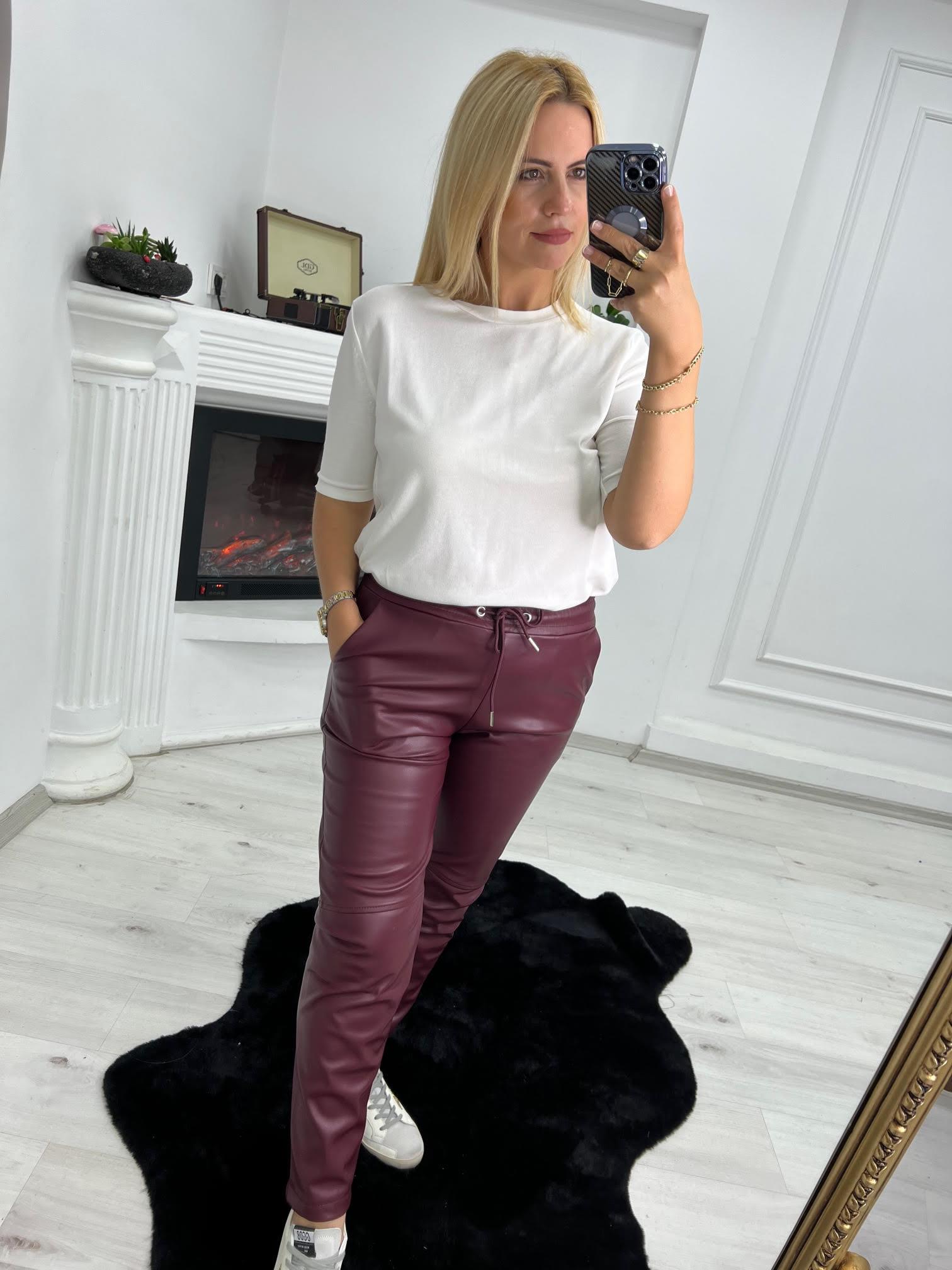 022 Boru Paça İçi Şardonlu Deri Pantolon BORDO