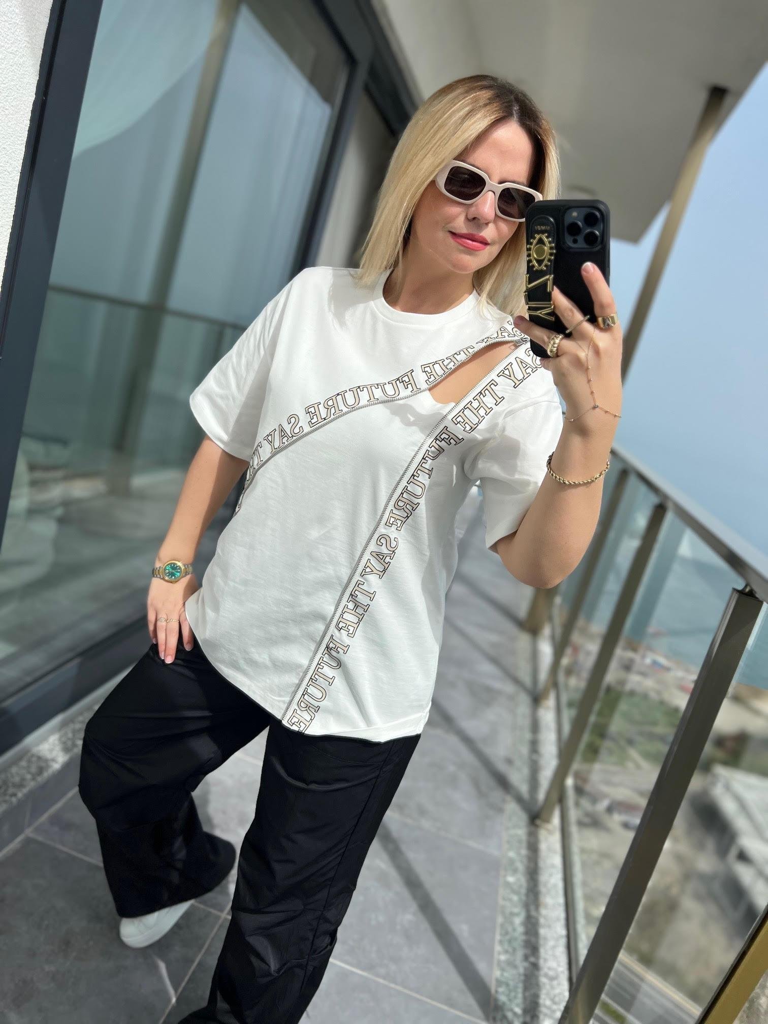 0226 Fermuar Detaylı Tshirt EKRU