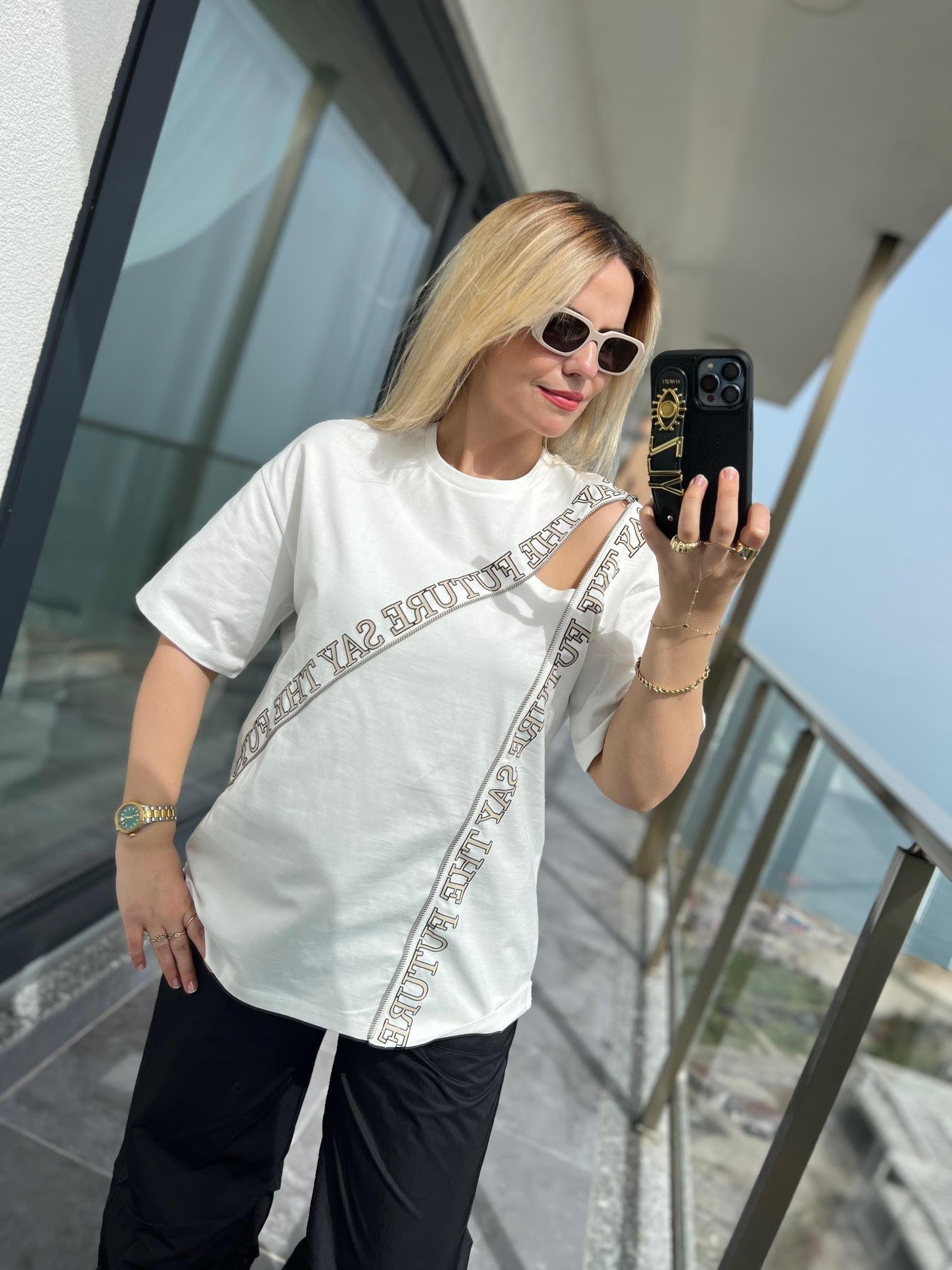 0226 Fermuar Detaylı Tshirt EKRU