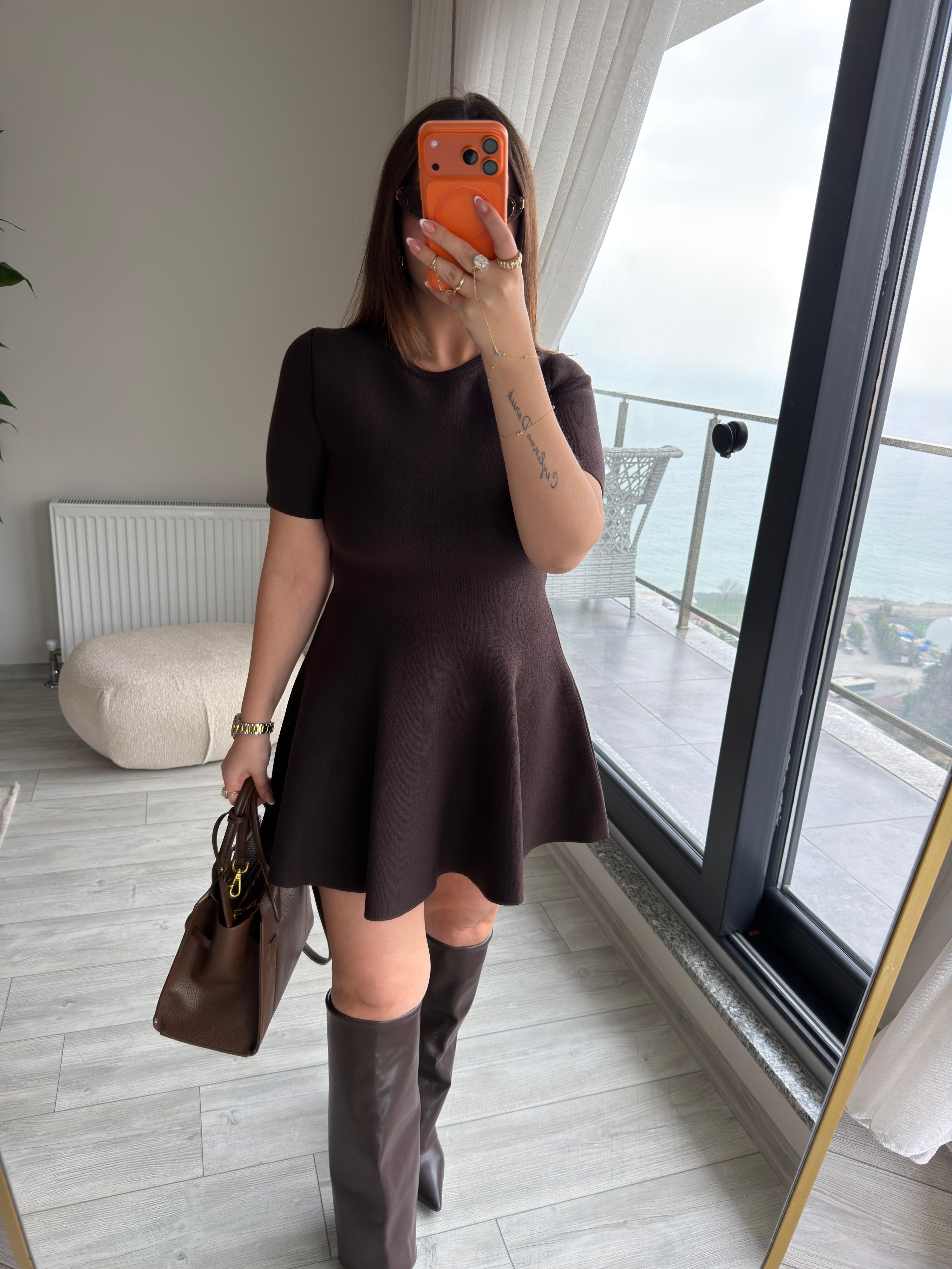 0258 Volanlı Elbise KAHVE