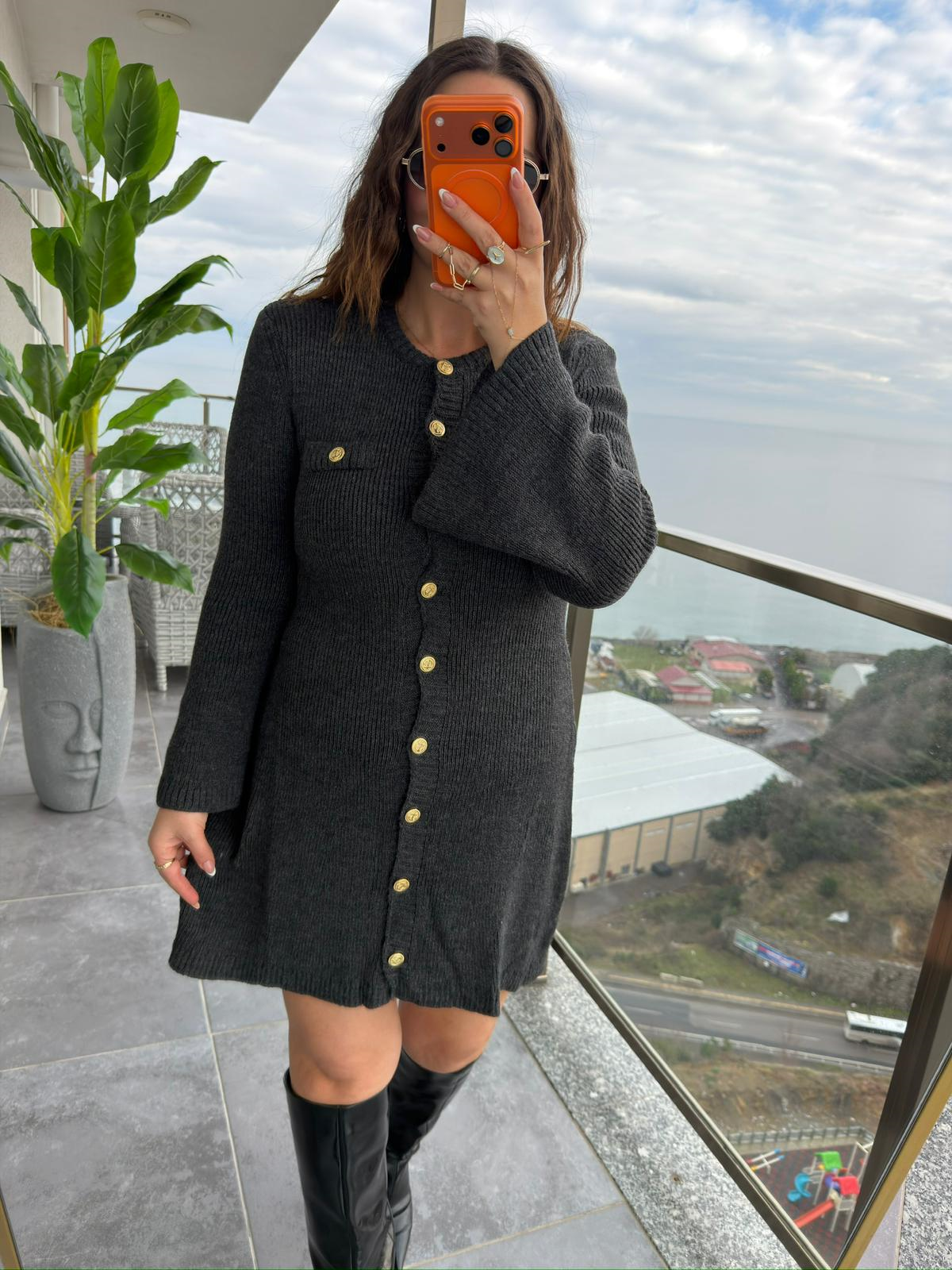 0301 Uzun Kol Triko Elbise ANTRESİT