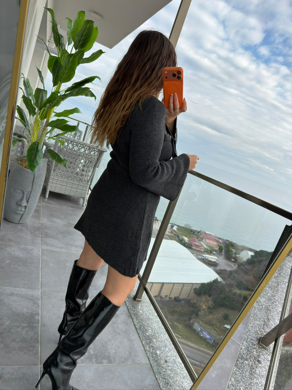 0301 Uzun Kol Triko Elbise ANTRESİT