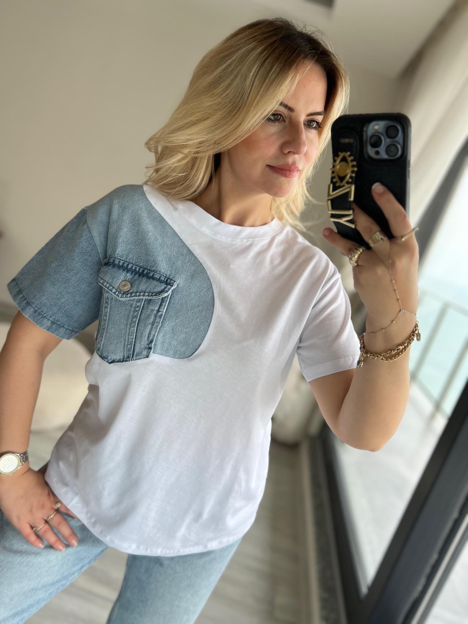 034 Cebi Jean Detaylı Tshirt BEYAZ