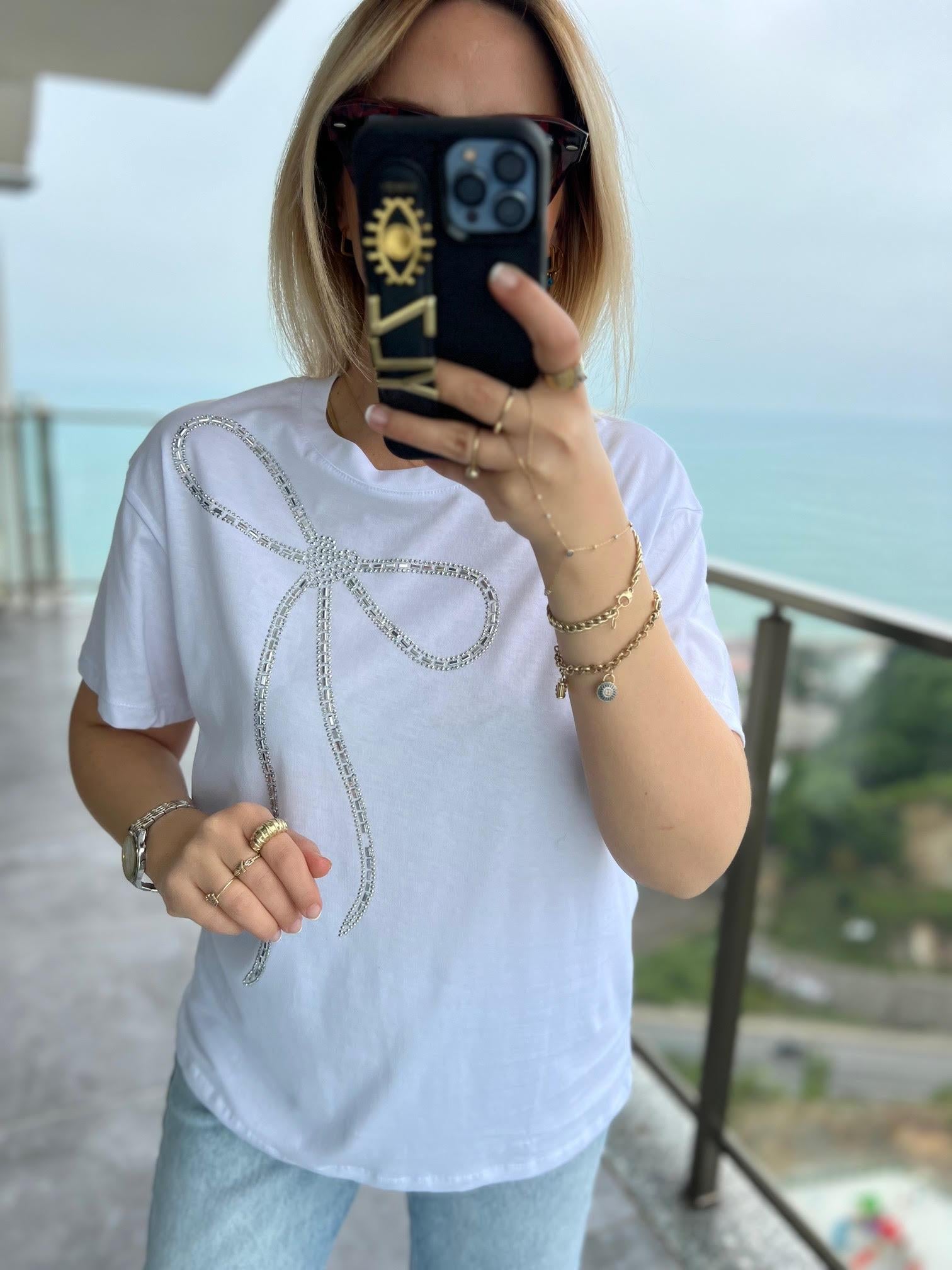 044 Taşlı Fiyonklu Tshirt BEYAZ