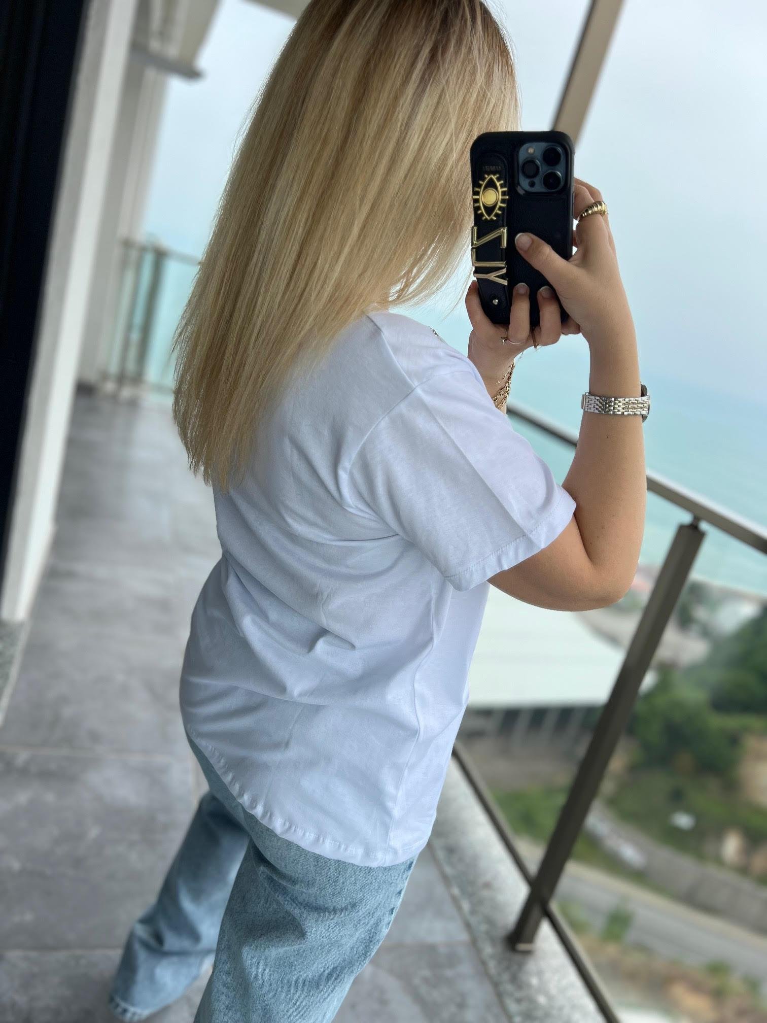 044 Taşlı Fiyonklu Tshirt BEYAZ
