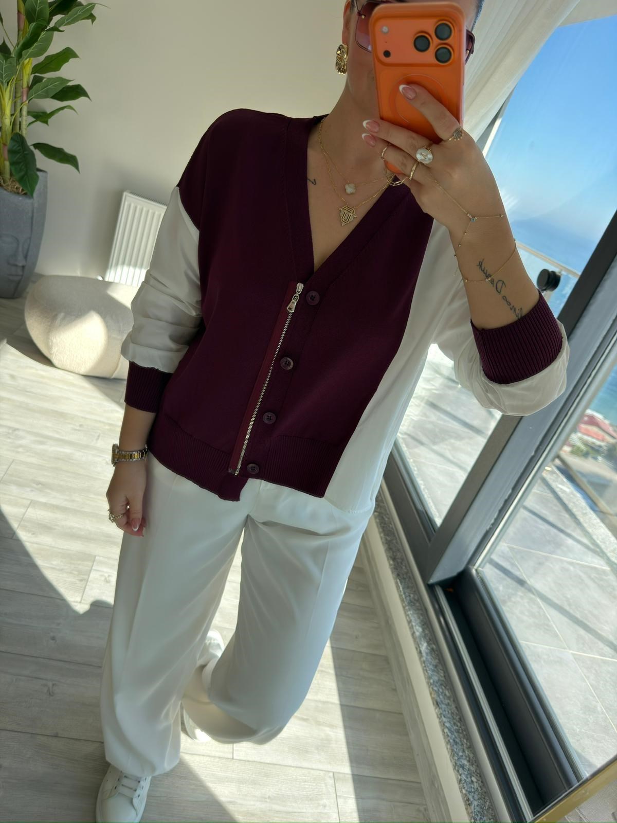 0610 Kumaş Detaylı Bluz BORDO