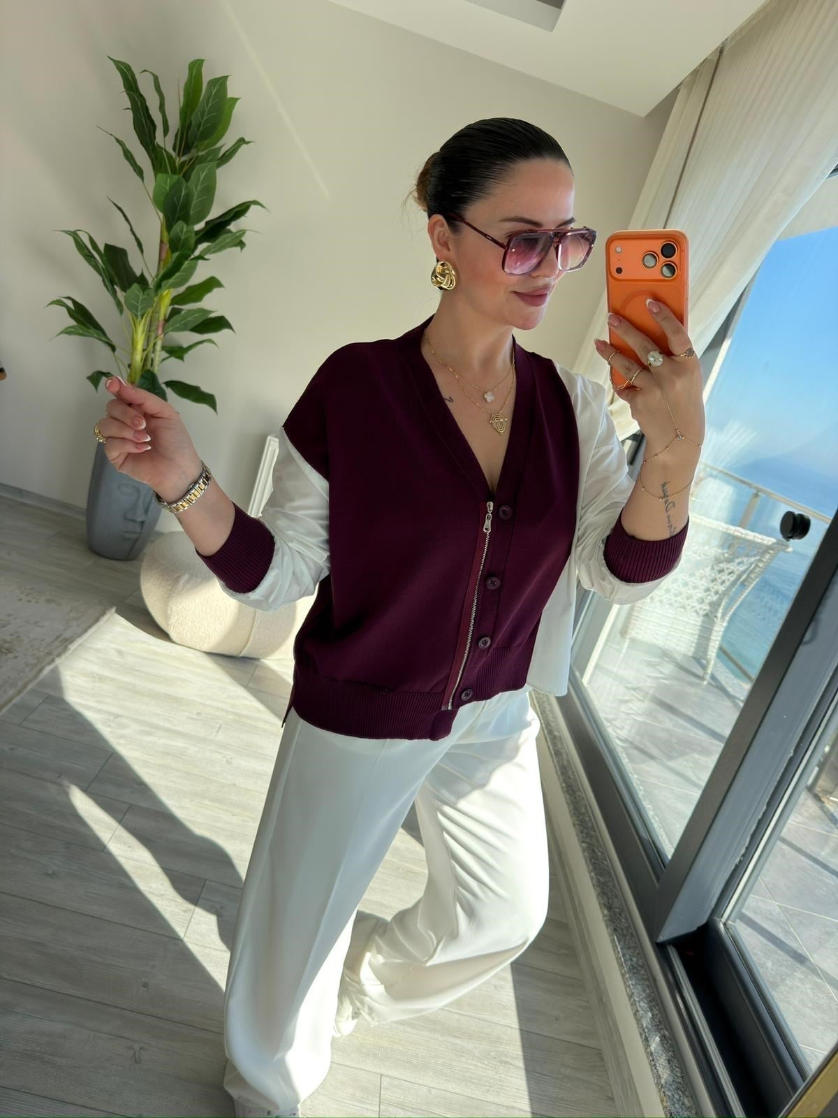 0610 Kumaş Detaylı Bluz BORDO