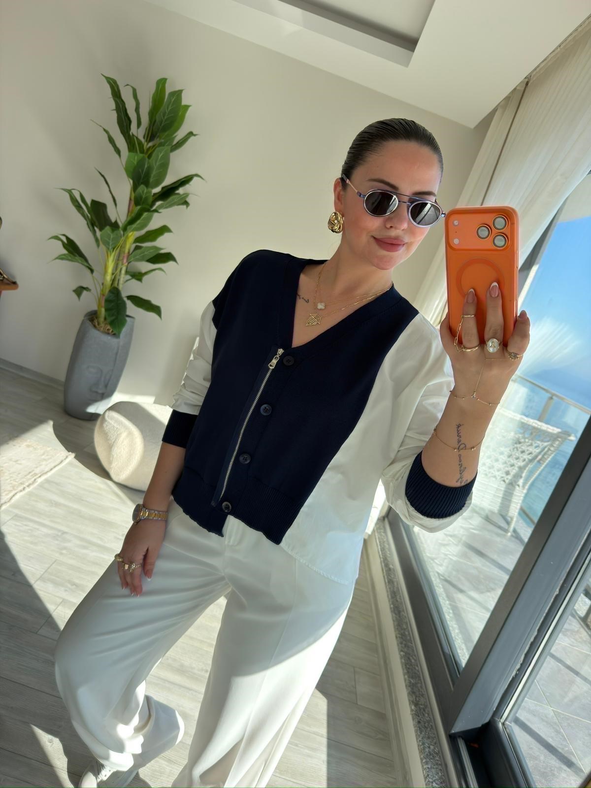 0610 Kumaş Detaylı Bluz LACİVERT