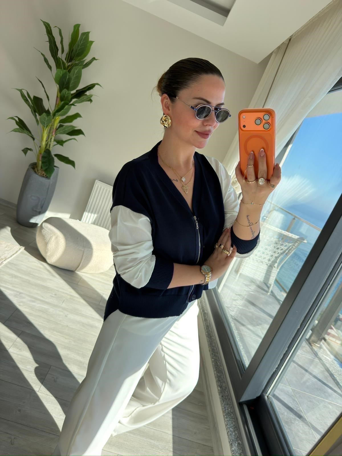 0610 Kumaş Detaylı Bluz LACİVERT