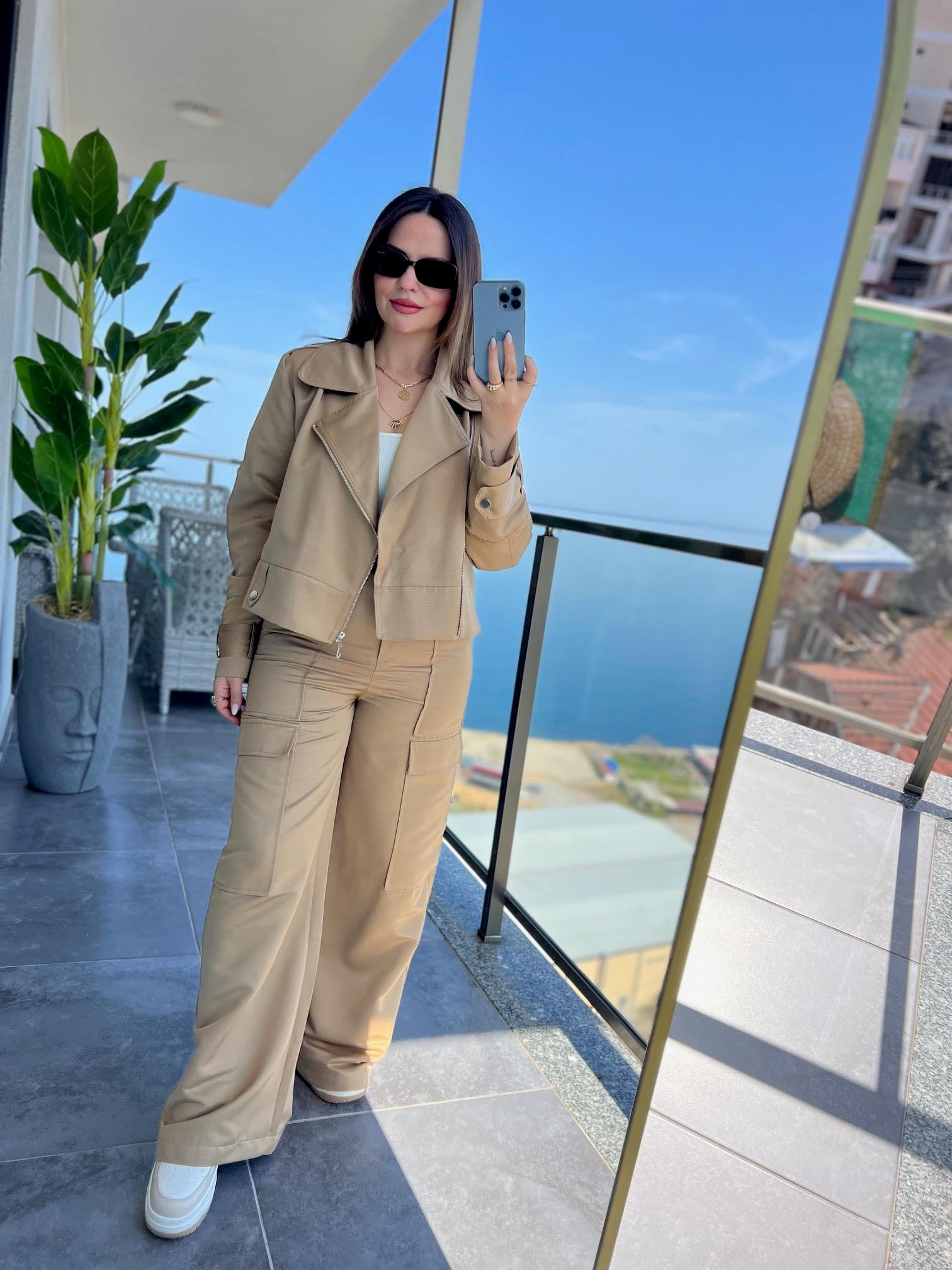 0655 Oversize Biker Ceket Pantolon Takım BEJ