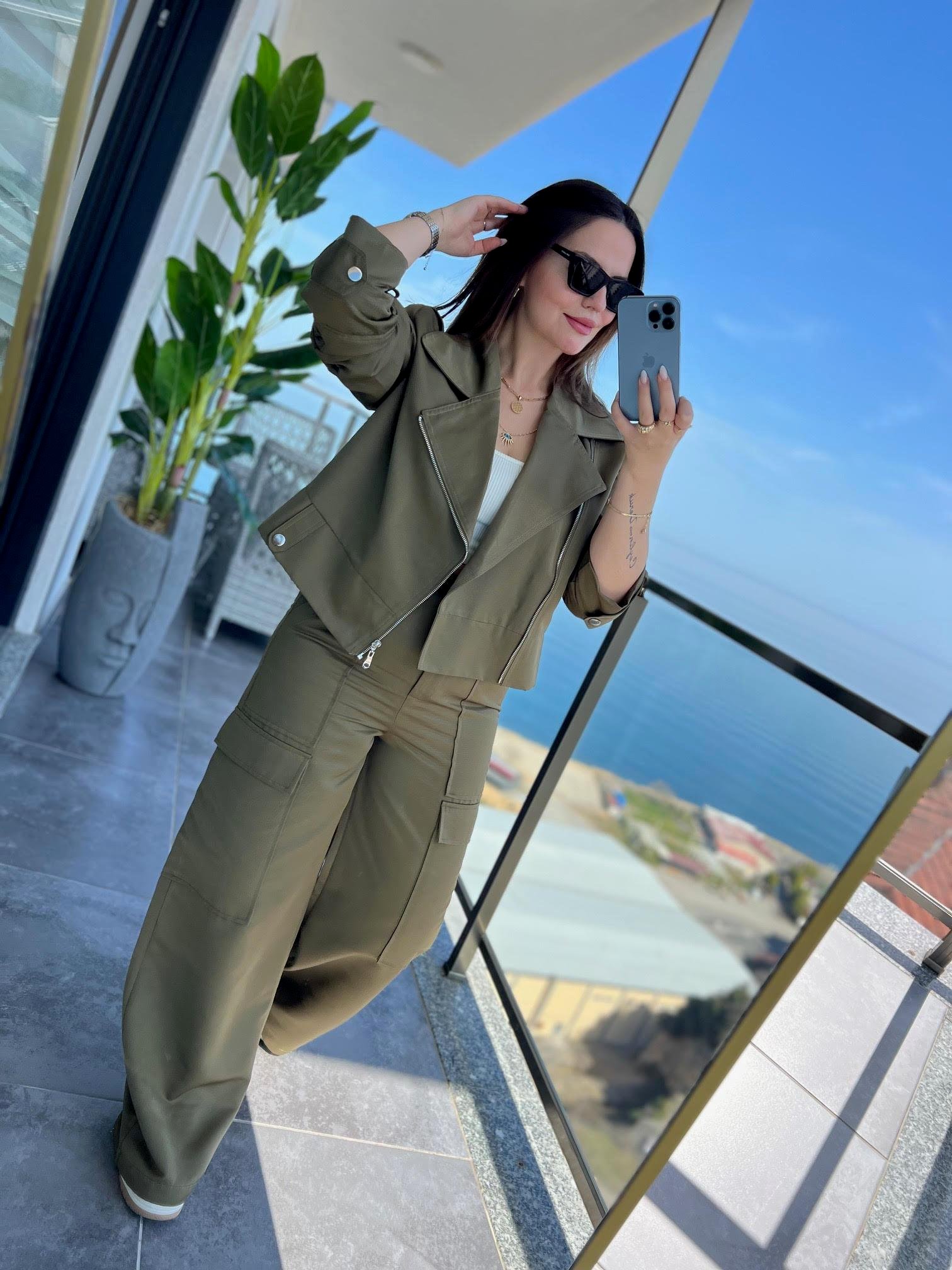 0655 Oversize Biker Ceket Pantolon Takım HAKİ YEŞİL
